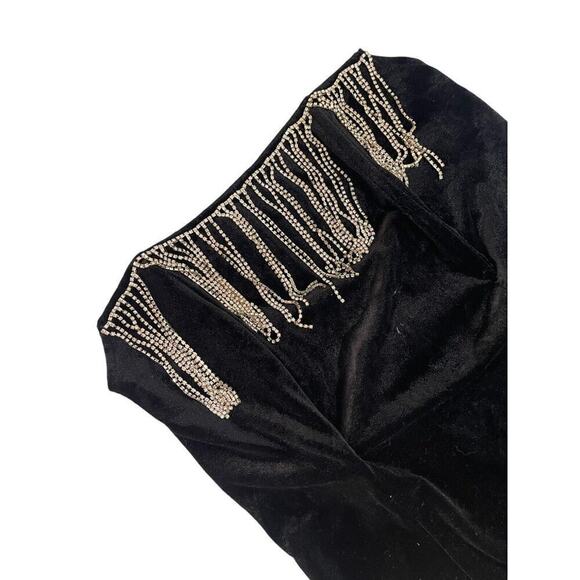 Forever 21 Black Velvet Rhinestone Fringe Strapless Bodysuit Womens 1XL New - Picture 2 of 10